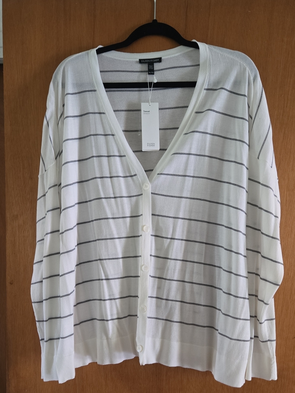 Eileen Fisher White Button-Front Striped V-Neck Cardigan